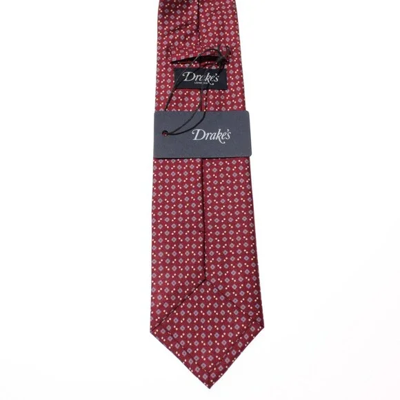 Drake's NWT Neck Tie in Red w/ Light Blue & White Geometric Pattern 100% Silk